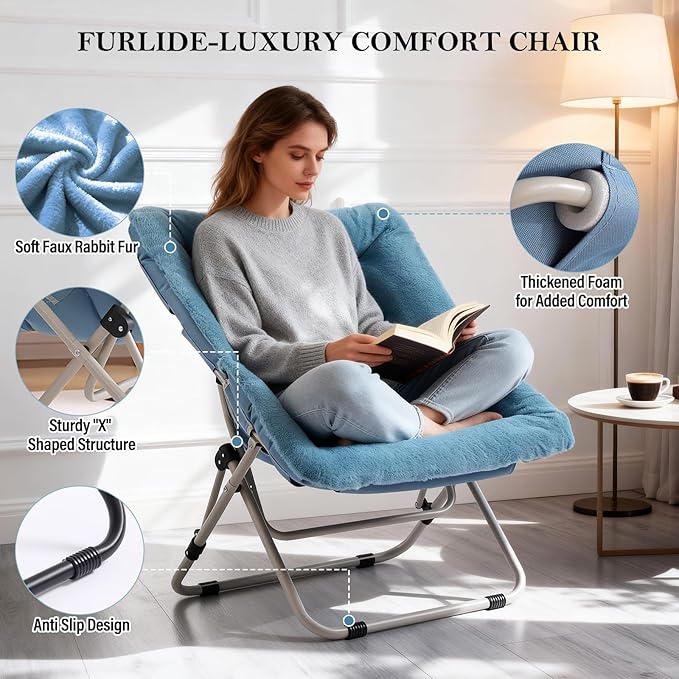 Saucer Chair, Comfy Bedroom Chairs, Oversized Folding Faux Fur Chair, Foldable Metal Frame Chair for Bedroom, Living Room, Balcony, Patio (Blue)