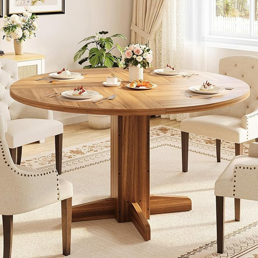 Garvee Round Dining Room Table for 4-6, 47" Wood Kitchen Table with Sturdy Pedestal Base, Farmhouse Circle Dinner Tables for Living Room, Apartment, Walnut