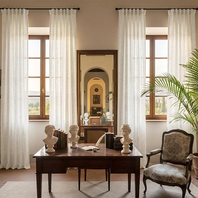 NICETOWN Linen Blend Semi Sheer 108 inch Curtains, Grommet Thick Flax Linen Weave Drapes Privacy with Light Filtering Drapes Airy & Elegant for Bedroom/Living Room, W52 x L108, 2 Panels