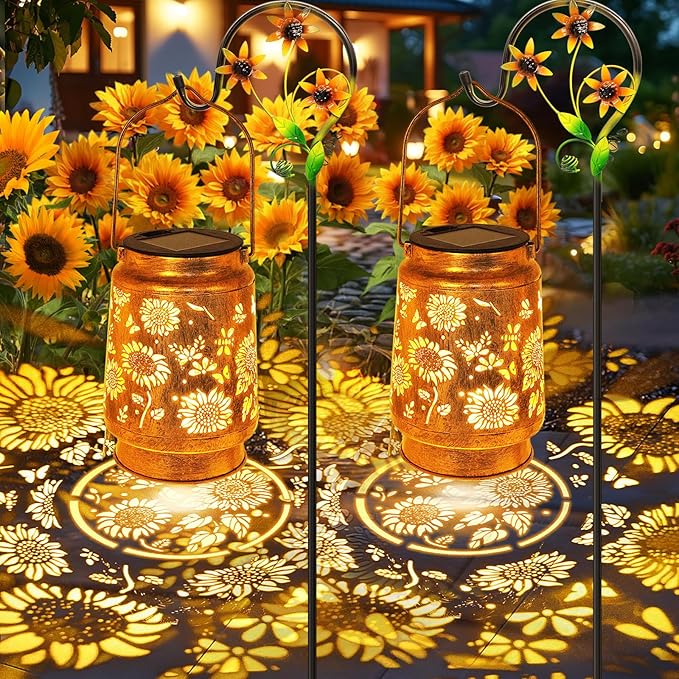 2 Pack Sunflower Solar Lanterns Garden Decor, Gifts for Women Mom Grandma Birthday, Metal Hanging Solar Lights Outdoor Waterproof LED Decoration with Shepherd Hook Outside for Yard Patio Lawn Porch