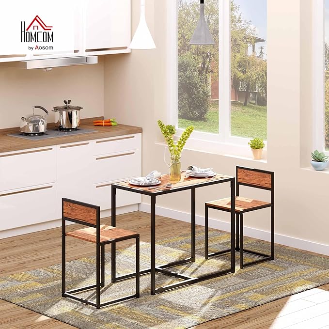 HOMCOM 3-Piece Industrial Dining Table Set for 2, Kitchen Table and Chairs, Dining Room Sets for Small Spaces, Rustic Brown