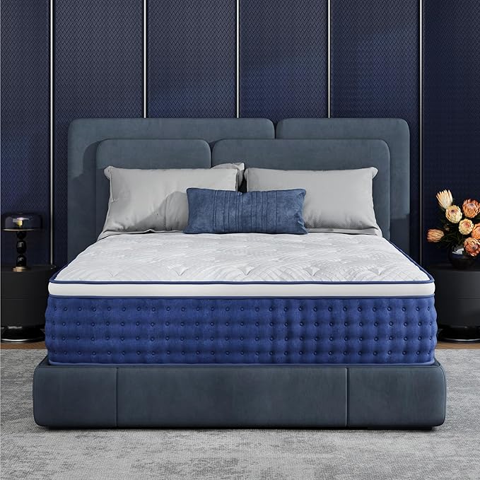 Full Size Mattress, 10 Inch Full Hybrid Mattress in a Box, Medium Feel Foam and Individual Pocket Springs, Extra Edge Support, Pressure Relief, CertiPUR-US, Blue