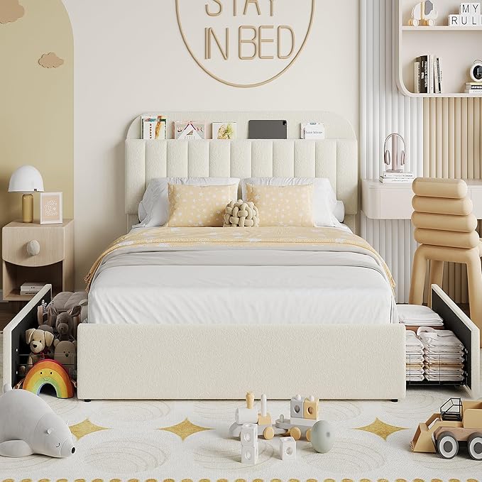 IDEALHOUSE Full Bed Frame with 2 Flexible Drawers and Bookcase Headboard, Boucle Upholstered Platform Bed for Boys/Girls, Noise-Free, Easy Assembly, No Box Spring Needed, Beige