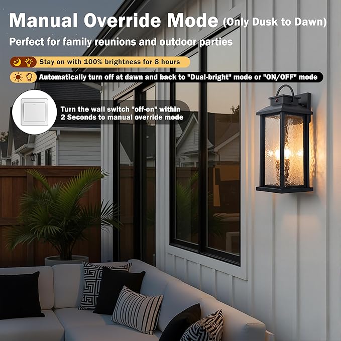 20 Inch Large Motion Sensor Outdoor Lights, Matte Black Dusk to Dawn Outdoor Wall Lights with Water Glass, 3 Lighting Modes Porch Lights Outdoor Light Fixture, Waterproof Outdoor Lights for House