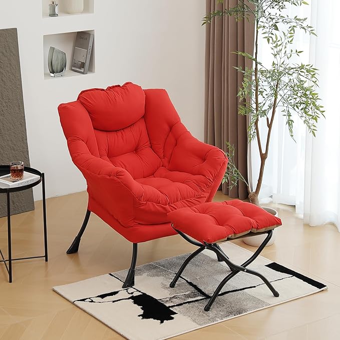 Lazy Chair with Ottoman, Modern Chair with Folding Footrest, Red Accent Chair, Comfortable Reading Chair, Oversized Armchairs for Bedroom, Study, Living Room, Courtyard