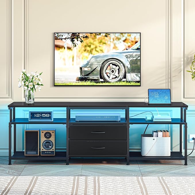 HOOBRO TV Stand with Power Outlet and LED Light, Entertainment Center for TVs Up to 75 Inch, Modern Media Console Table with 2 Non-Woven Drawers, for Living Room, Bedroom,Black BB55UDDS01