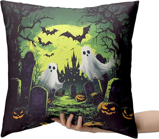 2 Pack Halloween Pillow Covers 16x16 Graveyard Ghost Throw Pillow Covers Horror Spooky Green Full Moon Night Pillow Case Bat Pumpkin Cushion Case for Holiday Party Decor Couch Sofa