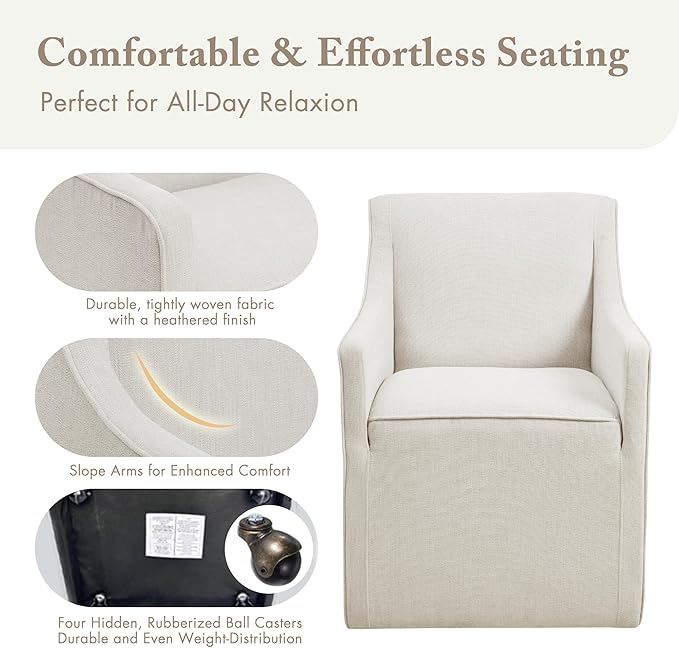 Madison Park Dining Chair with Hidden Casters, 20" Thick Seat Foam Cushion, Upholstered, Padded, Modern Farmhouse Dining Chair, Fully Assembled, Charlotte, 34" H, Cream