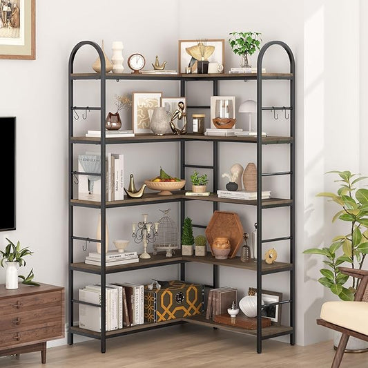 5 Tier Wooden Corner Bookshelves, 67 Inch Dark Brown Vintage Geometric Bookcase, DIY Bookcase Industrial Open Bookshelf, Heavy Duty Display Shelves Organizer for Living Room,Home Office.