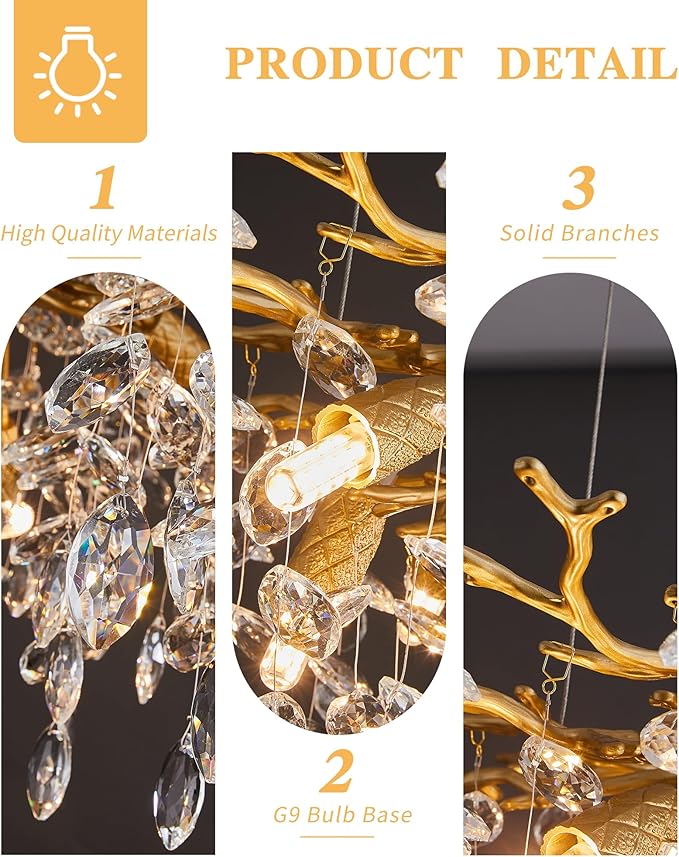 Modern Tree Branch Chandelier, 16 Lights Rectangular 59" Crystal Gold Chandeliers for Kitchen Island Dining Room Living Room