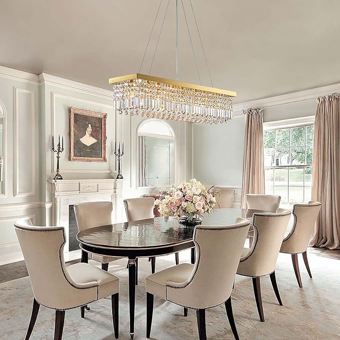 7PM Rectangle K9 Crystal Chandelier Modern Gold Crystal Chandelier Rectangular Pendant Lighting Fixture for Dining Room Kitchen Island Bedroom L40'' x W10'' x H10''