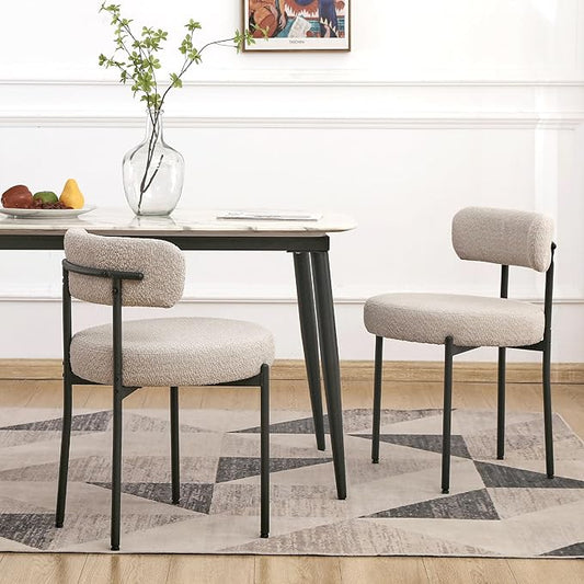 EDWELL Boucle Dining Chairs Set of 2, Round Upholstered Dining Room Chairs with Black Metal Legs, Modern Kitchen Dining Room Chairs for Kitchen, Living Room