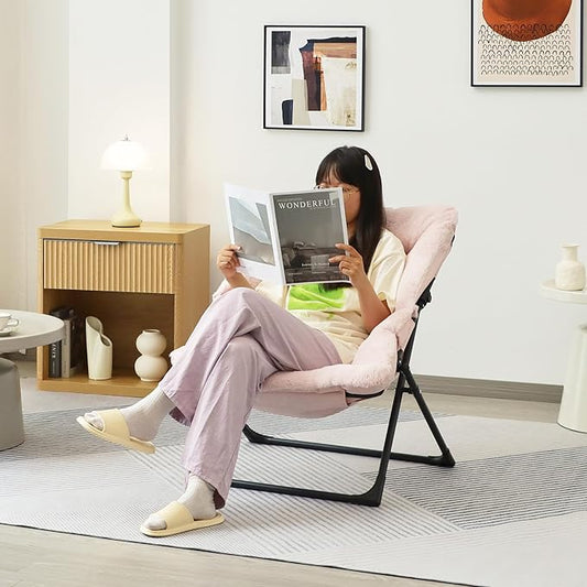 Comfy Saucer Chair for Adults, Soft Faux Fur Bedroom Chair, Accent Dorm Chairs, Flexible Living Room Reading Chairs, Oversized Folding Seat for Teens, X-Large, Light Pink