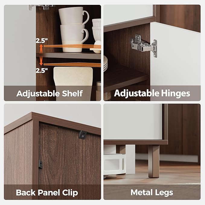 Sideboard Buffet Cabinet with Storage, 2 Doors, Adjustable Shelves, Wooden Mid Century Coffee Bar Cabinet for Entryway, Living Room, Kitchen, Walnut/White