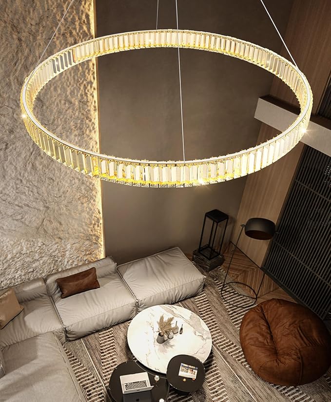 40'' Modern Ring Chandelier Crystal Chandeliers for Dining Room Round LED Dimmable Ceiling Light Fixture for Living Room Bedroom Lighting Silver