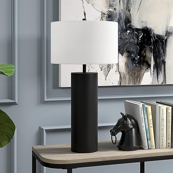 Henn&Hart 29.5" Mid-Century Modern 1-Light Table Lamp with White Fabric Drum Shade for Living Room, Bedroom, or Office, Black