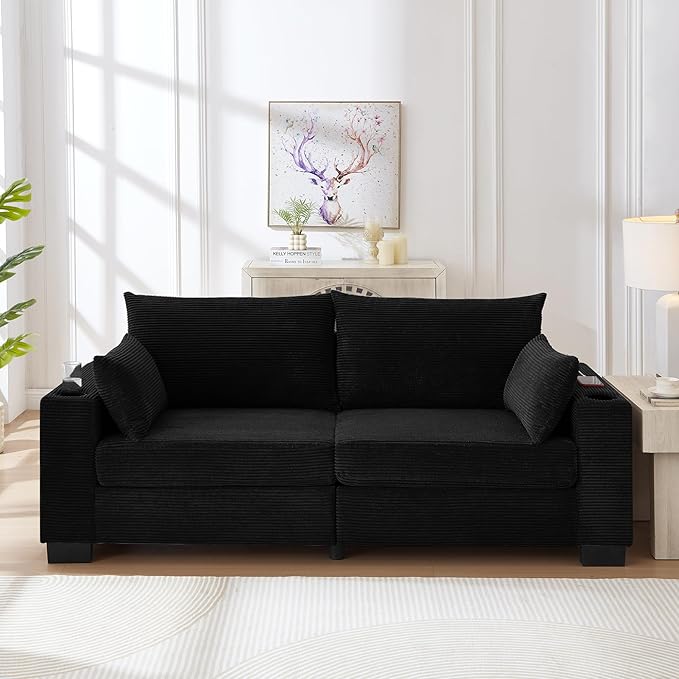 Eafurn 78" Corduroy Loveseat Sofa, Modern 2 Seater Couch with Dual Cup Holders & USB Charging Ports, Comfy Upholstered Small Sofa with Side Storage Pockets for Apartment, Living Room