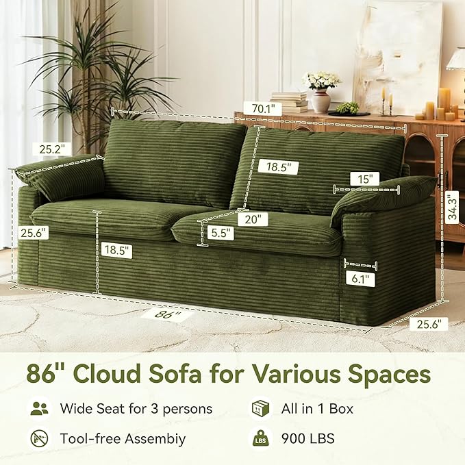 86" Loveseat Sofa Green Corduroy Couch,Modern Cloud Sofa Love Seat, Deep Seat Slipcovered Sofa with 2 Wide Armrest Pillows for Small Spaces Apartment Studio Office Bedroom Living Room