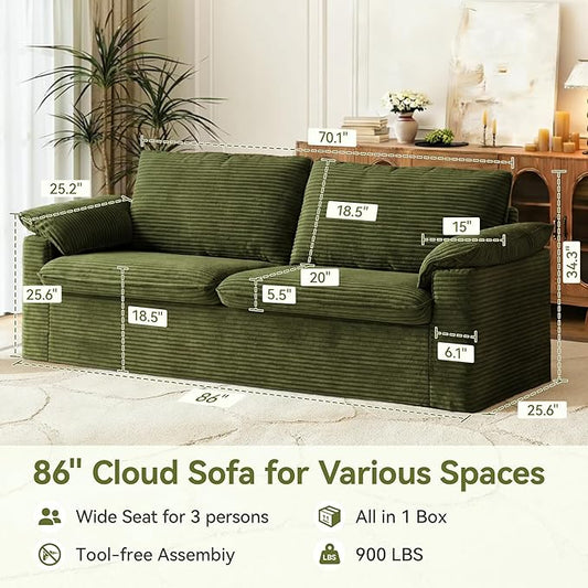 86" Loveseat Sofa Green Corduroy Couch,Modern Cloud Sofa Love Seat, Deep Seat Slipcovered Sofa with 2 Wide Armrest Pillows for Small Spaces Apartment Studio Office Bedroom Living Room