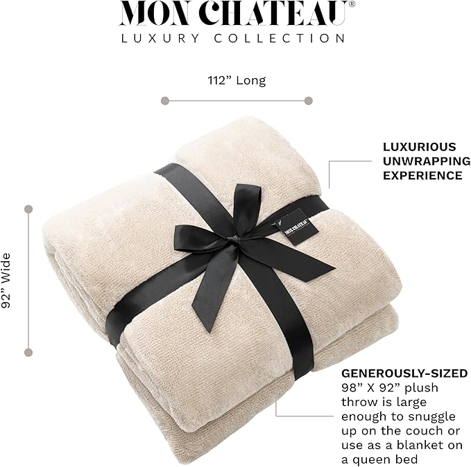 Mon Chateau 112" x 92" Haven Reversible Flannel Throw Blanket for Couch, Sofa, or King Size Bed, Luxury Over-Sized Ultra Soft Plush Melange Blanket for Sleeping or Home Decor, Champagne Weave