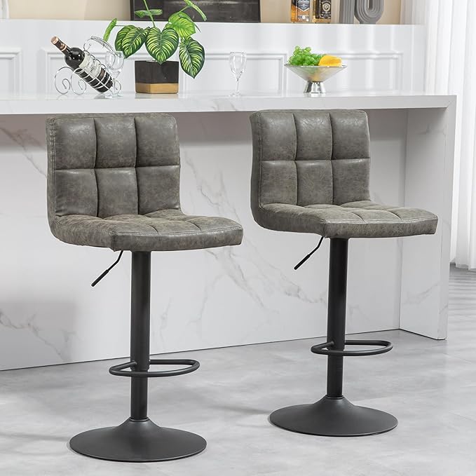Finnhomy Bar Stools Set of 2 Counter Height, Swivel Barstools with Footrest and L Shape Thicken Cushion Back, Height Adjustable Modern Bar Chairs, Vintage Leather, Retro Grey