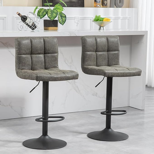 Finnhomy Bar Stools Set of 2 Counter Height, Swivel Barstools with Footrest and L Shape Thicken Cushion Back, Height Adjustable Modern Bar Chairs, Vintage Leather, Retro Grey