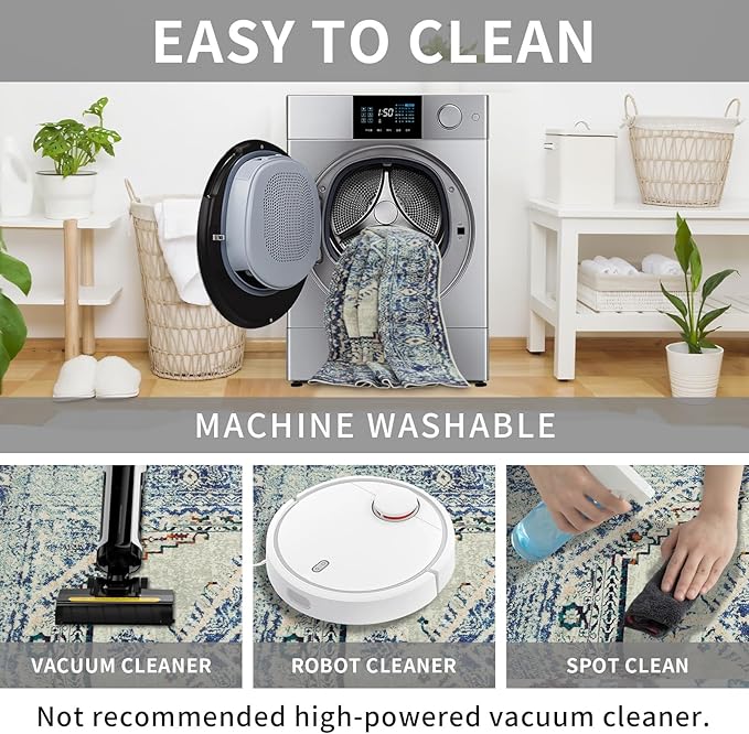 Easy-Going Large 8x10 Washable Boho Area Rug for Living Room Non-Slip Bedroom Rug Low Pile Lightweight Medallion Distressed Throw Carpet for Dining Room Kitchen Home Office, Vintage Blue Cream