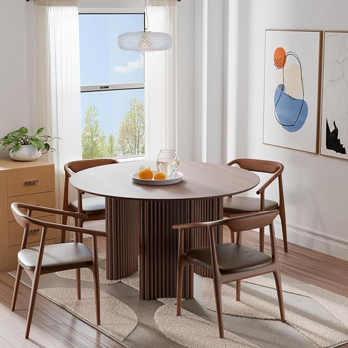 Casaphoria 46" Round Dining Table for 2-4, Farmhouse Style Small Table with Stripes Base, Easy Assembly for Living Room, Kitchen, Bar, Walnut