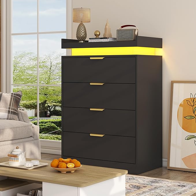 Black Dresser with LED Lights and Power Outlet, Wooden 4 Drawer Dresser Tall Dresser for Bedroom, Modern Chest of Drawers Closet Organizer for Bedroom, Entryway, Hallway