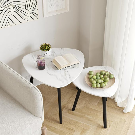 BAMEOS Bamboo Nesting Triangle End Table,Set of 2 Side Table Modern Minimalist Coffee Table for Living Room (Marble White)