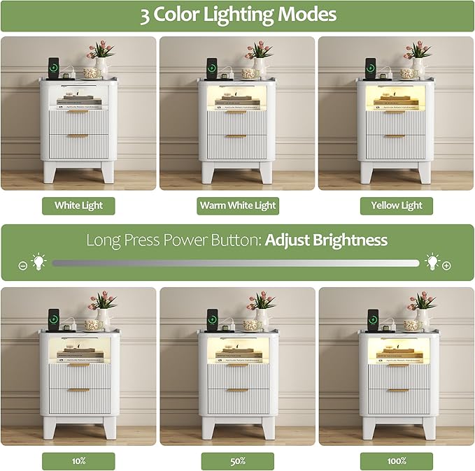 Night Stand with Charging Station, Fluted Nightstand with 2 Drawers and LED Light, Wood Bedside Table with Open Storage for Bedroom, White