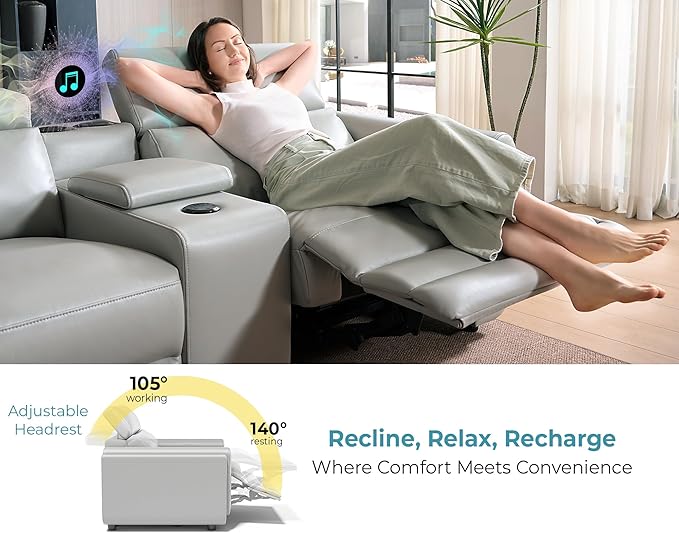 Jocisland Dual Power Recliner, Oversized 5-Seater Sofa with Console, 3 Bluetooth Speakers & Hidden Storage, Modern L Shaped Reclining Couch with 6 Charging Ports - Light Gray Leathaire