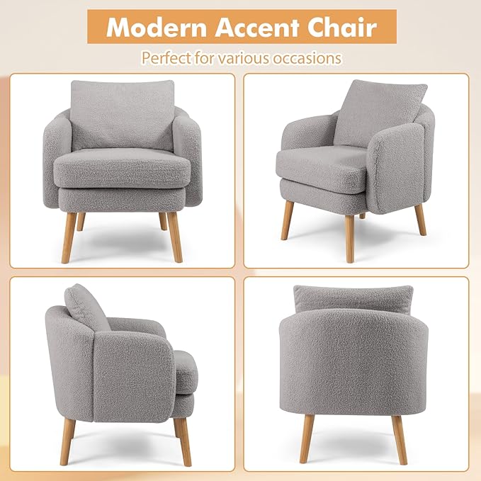 Giantex Sherpa Accent Chair, Modern Upholstered Single Sofa Chair with Back Pillow & Solid Rubber Wood Legs, Teddy Barrel Arm Chair for Reading, Living Room, Bedroom, Office, Grey