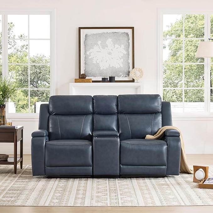 Watson & Whitely Genuine Leather Power Recliner Sofa and Loveseat Set, Zero Gravity Reclining Couch with Storage Console, Power Headrest & Wireless Charging, Cup Holders for Living Room, Navy Blue