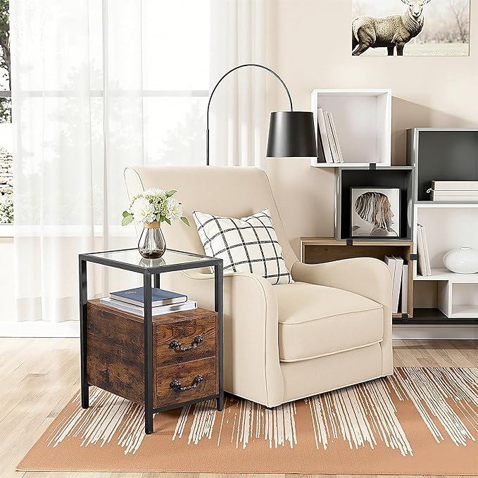 VECELO Narrow Side Table, Night Stand Sofa Table with Glass Top,Bedside End Tables with Storage Drawers,Wood Nightstand for Small Spaces Living Room Bedroom,Brown