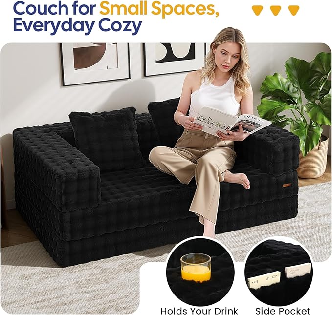 COMAX Futon Sofa Bed, 4‑in‑1 Convertible Sofa Bed, Folding Boneless Couches for Living Room, Fold Out Small Foldable Loveseat Floor Sleeper Comfy Mattress Lounge Space‑Saving, Dark Black | 4-in-1 Convertible, Folding Boneless, Space-Saving, Floor Sleep...