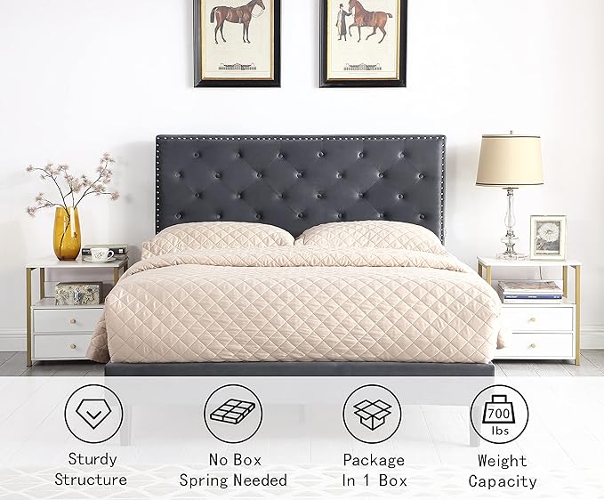 Full Upholstered Platform Bed Frame with 48" Tall Adjustable Headboard - Button Tufted Suede Velour Bed- Wood Slat Support with Storage Space - No Box Spring Needed - Grey - OLIVER & SMITH - Princeton