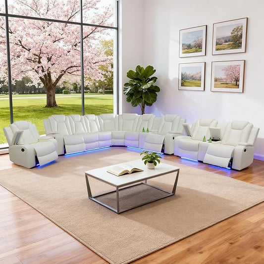 Leather Power Recliner Sectional Sofa Set with LED Light,L Shaped Leather Couch Set with 5 Recliner Seats,Modular Sofa with USB Port for Living Room Furniture(White,Sectional+Loveseat+Chair)