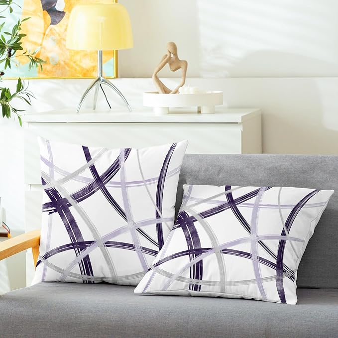 CaliTime Throw Pillow Cases Pack of 2 Cozy Fleece Arc-Shaped Abstract Geometric Lines Decorative Cushion Covers for Couch Bed Sofa Farmhouse Decoration 16 X 16 Inches Deep Purple Grey