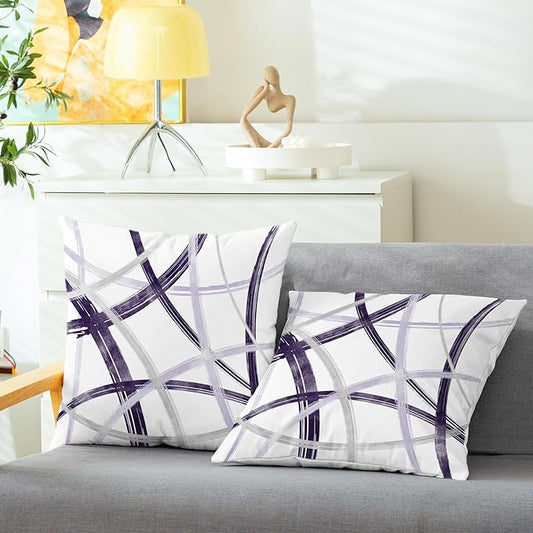 CaliTime Throw Pillow Cases Pack of 2 Cozy Fleece Arc-Shaped Abstract Geometric Lines Decorative Cushion Covers for Couch Bed Sofa Farmhouse Decoration 20 X 20 Inches Deep Purple Grey