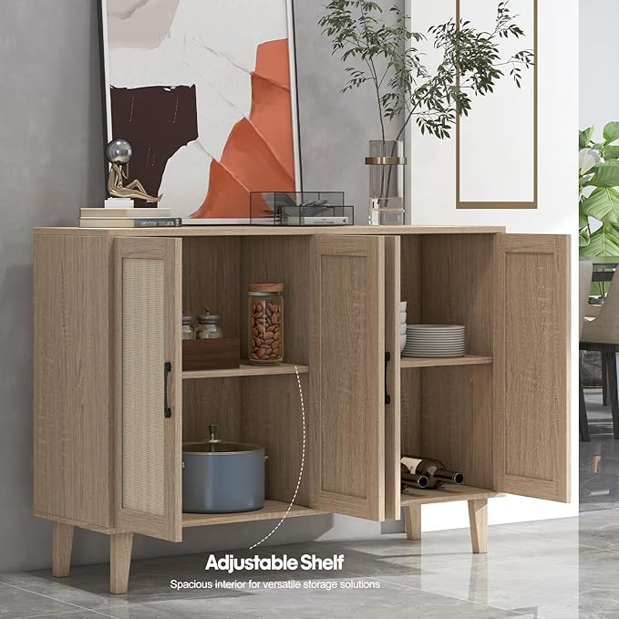 Panana Buffet Storage Cabinet with Rattan Decorating 4 Doors Living Room Kitchen Sideboard 48.43 x 34.65 x 15 inch (Natural Wood)