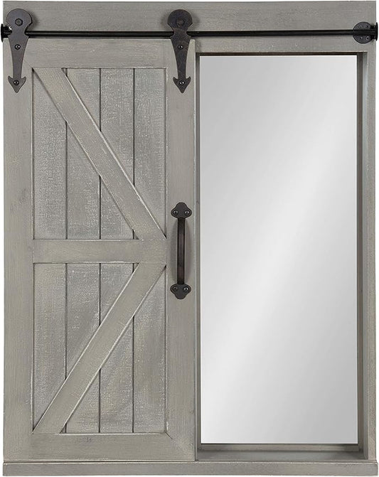 Kate and Laurel Cates Decorative Wood Wall Storage Cabinet with Rectangle Mirror and Sliding Barn Door, 22 x 28, Rustic Gray, Farmhouse Decor for Wall Storage