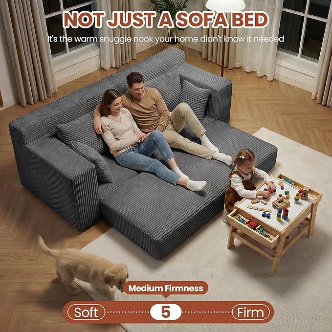 Convertible Sofa Bed, 5 in 1 Small Boneless Couch Pull Out Loveseat Sleeper Sofa,Corduroy Futon Couch Folding Mattress with 4 Pillows for Living Room (Gray, 3 Seater)