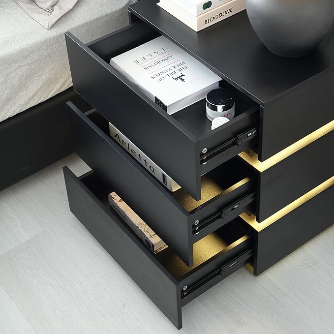 Black Nightstand, LED Bedside Table with 3 Storage Drawers, Modern End Table with Charging Ports & Outlets, Bedside Tables for Living Room/Bedroom