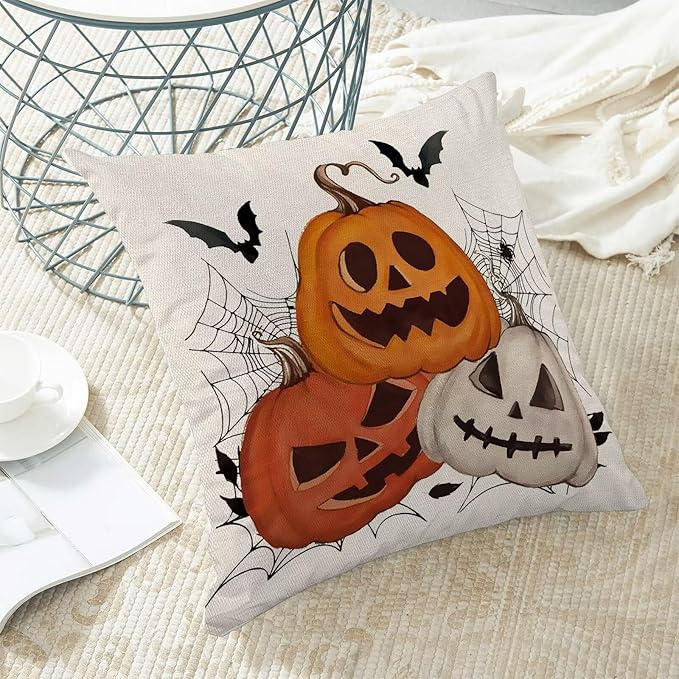 Halloween Pillow Covers 16 x 16 Inch Pack of 2, White Pumpkin Bat Spider Web Decorative Throw Pillow Covers Vintage Linen Farmhouse Outdoor Halloween Pillowcase for Bedroom Home Sofa Decor