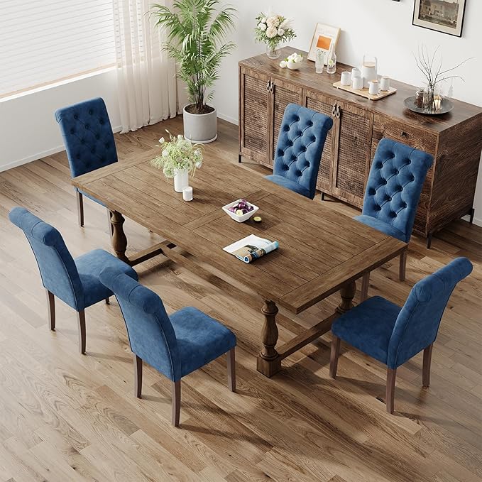Upholstered Tufted Dining Room Chairs Set of 6, Parsons Kitchen Chairs with Padded Seat and Solid Wood Legs, Fabric Accent Side Diner Chair for Dining Room/Kitchen/Living Room, Blue