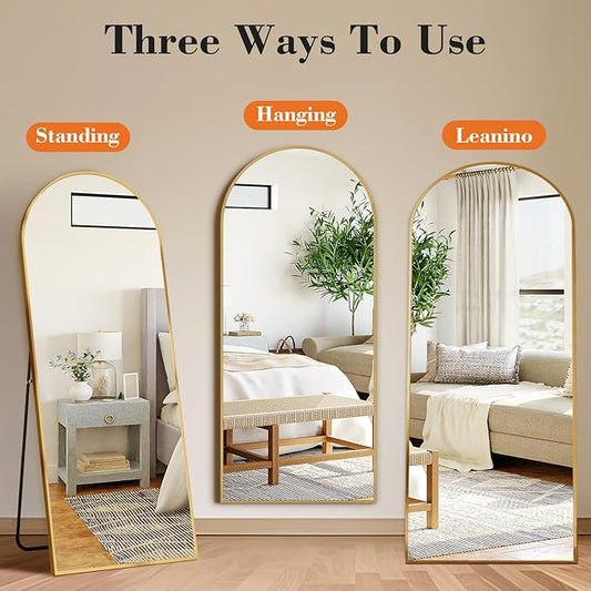 DUMOS Arched Full Length Mirror with Stand Floor Standing Aluminum Frame for Bedroom Body Hanging Leaning Modern Simple Home Decor Shatter-Proorf Nano Glass Wall Living Room Cloakroom Gold 59"x16"