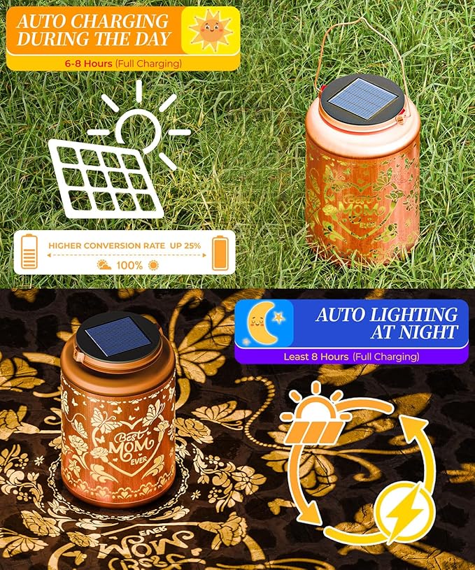 Solar Lanterns Outdoor Waterproof Decorative Garden Solar Lights Outdoor,Hanging Hollow Out Metal Ornaments Decor for Outside Lawn,Patio,Balcony,Yard Unique Gifts for Women Mothers Day Gifts