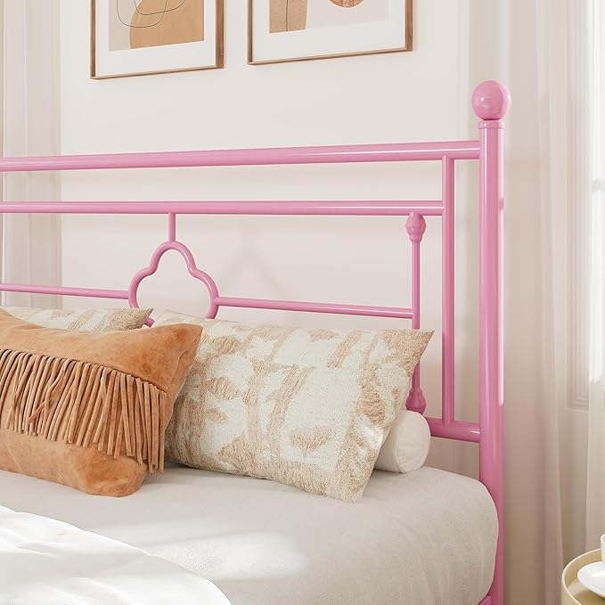 Allewie King Size Metal Platform Bed Frame with Victorian Vintage Headboard and Footboard/Mattress Foundation/Under Bed Storage/No Box Spring Needed/Noise-Free/Easy Assembly, Pink