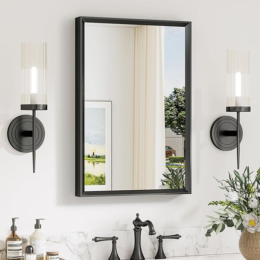 Keonjinn 16 x 24 Inch Black Bathroom Mirrors for Over Sink, Beveled Rectangle Framed Mirrors for Wall, Black Small Bathroom Vanity Mirror, Tempered Glass, Square Corner, Farmhouse Style